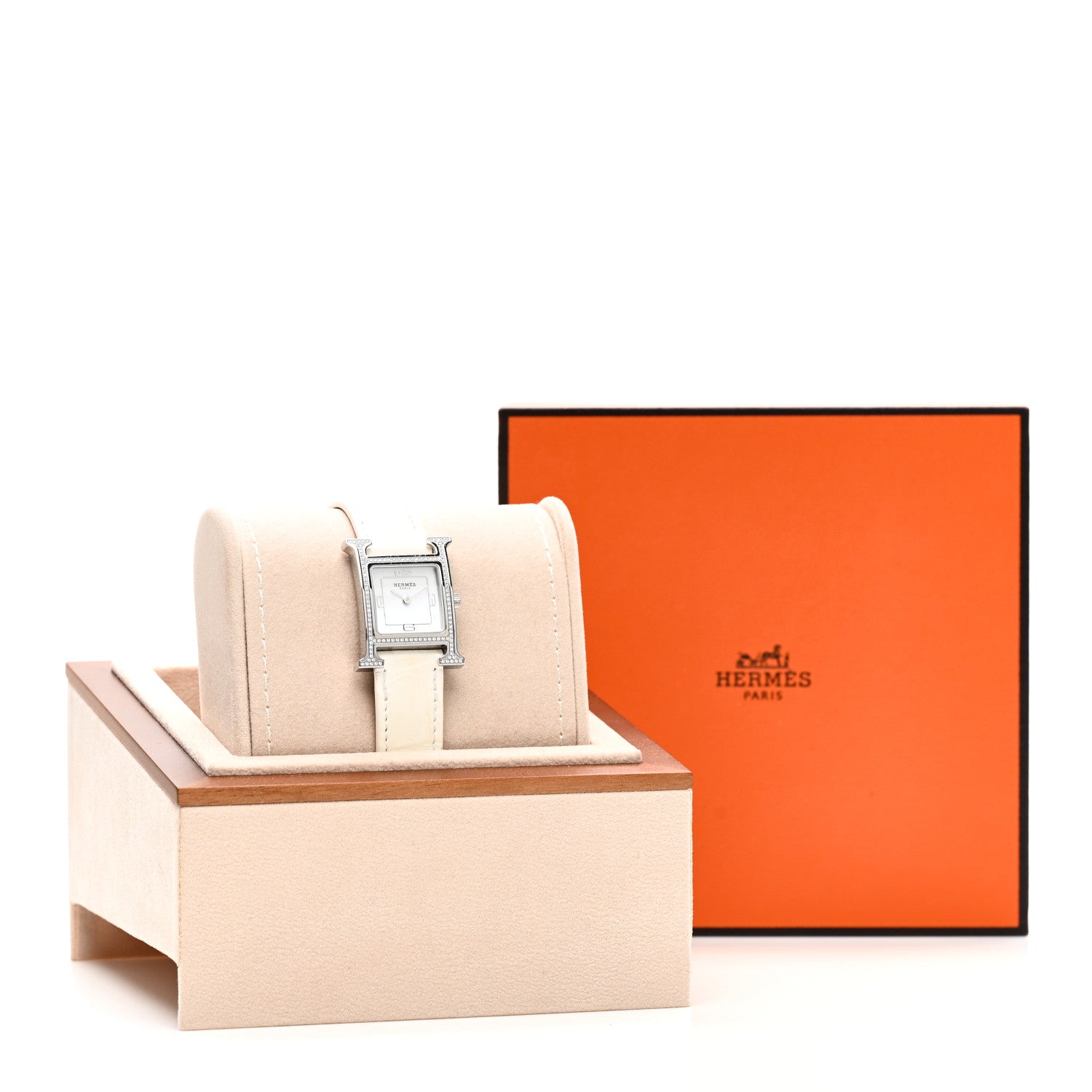 Hermes Stainless Steel Alligator Diamond Bezel Mother of Pearl 21mm Heure H Hour Quartz Watch Blanc 5 of 5