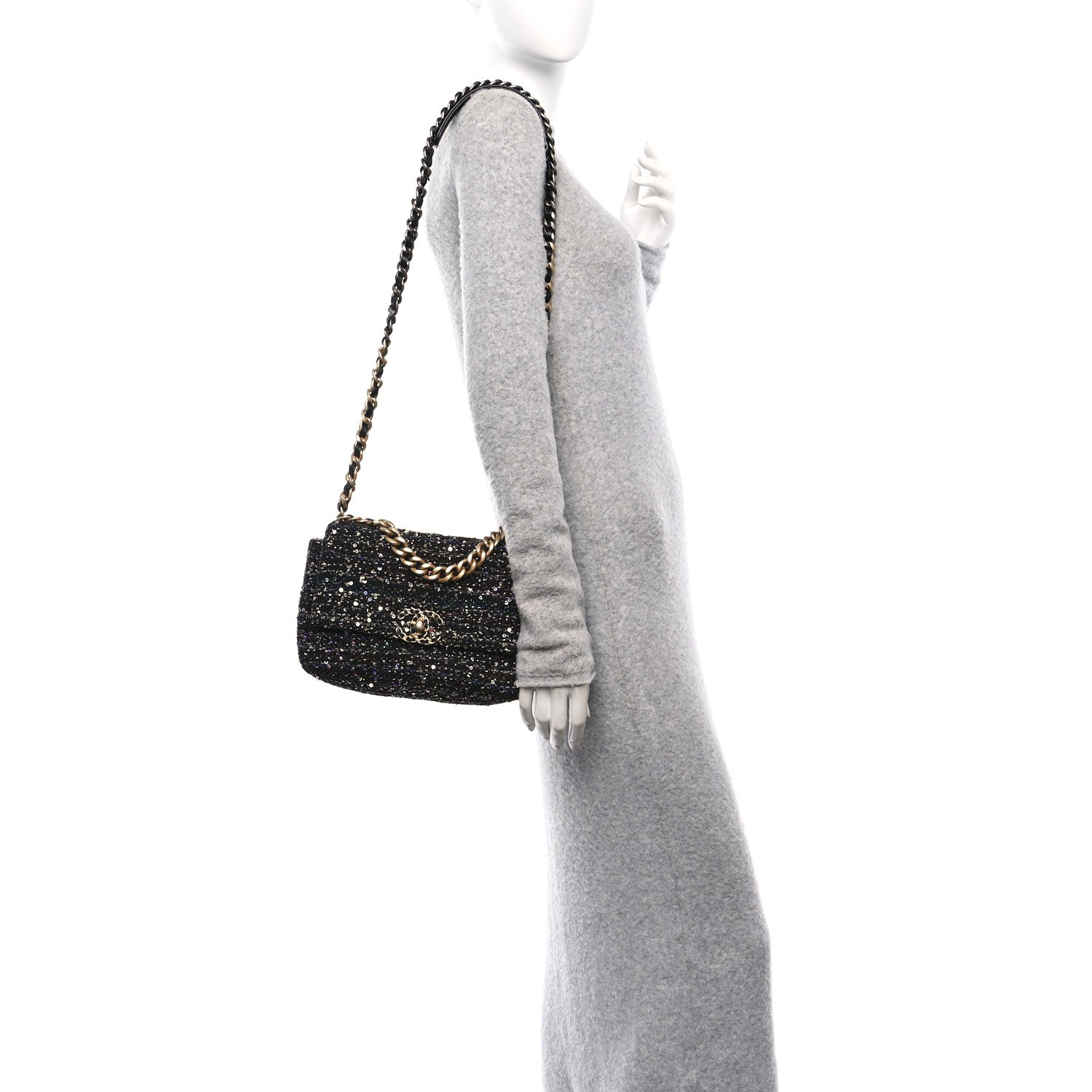 Chanel Tweed Sequin Quilted Medium Chanel 19 Flap Black Multicolor