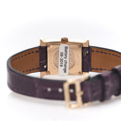 Hermes 18K Rose Gold Alligator Diamond Bezel Mother of Pearl 17.2mm Heure H Hour Quartz Watch Amethyst 5 of 8
