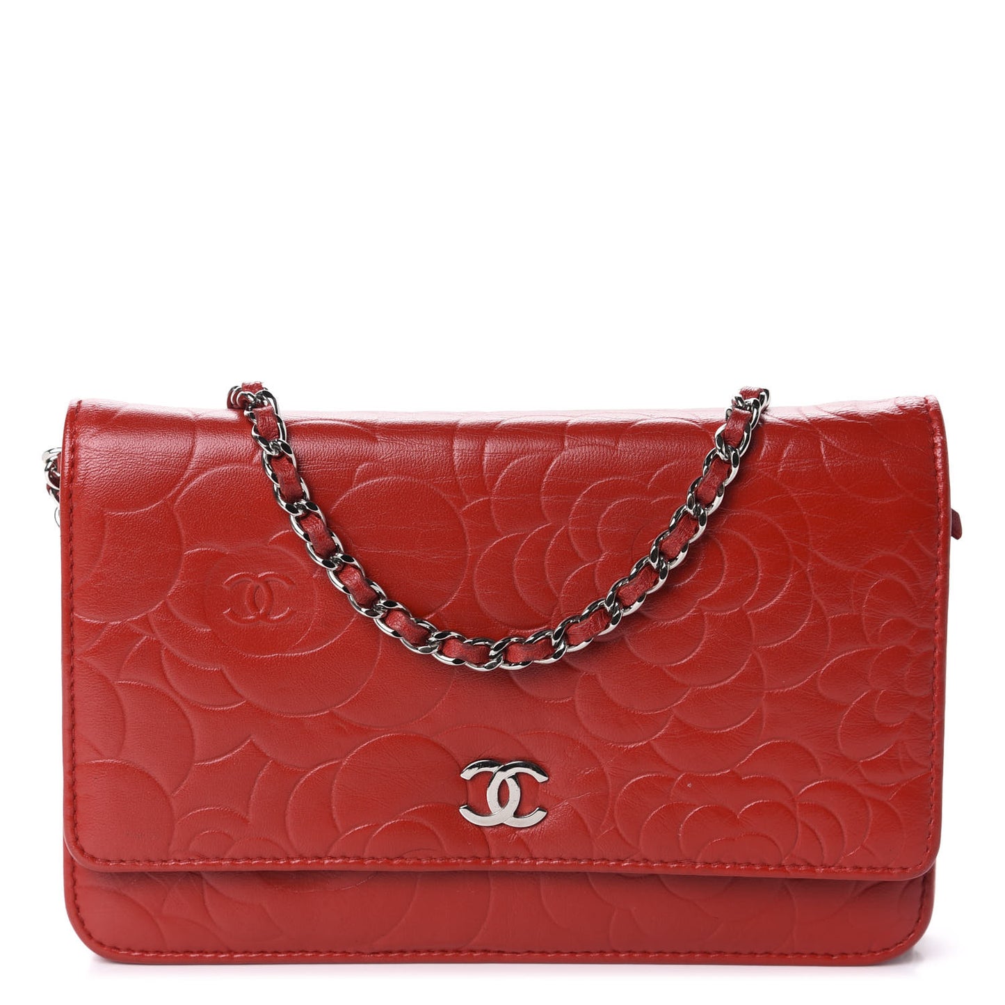 Lambskin Camellia Embossed Wallet On Chain WOC Red