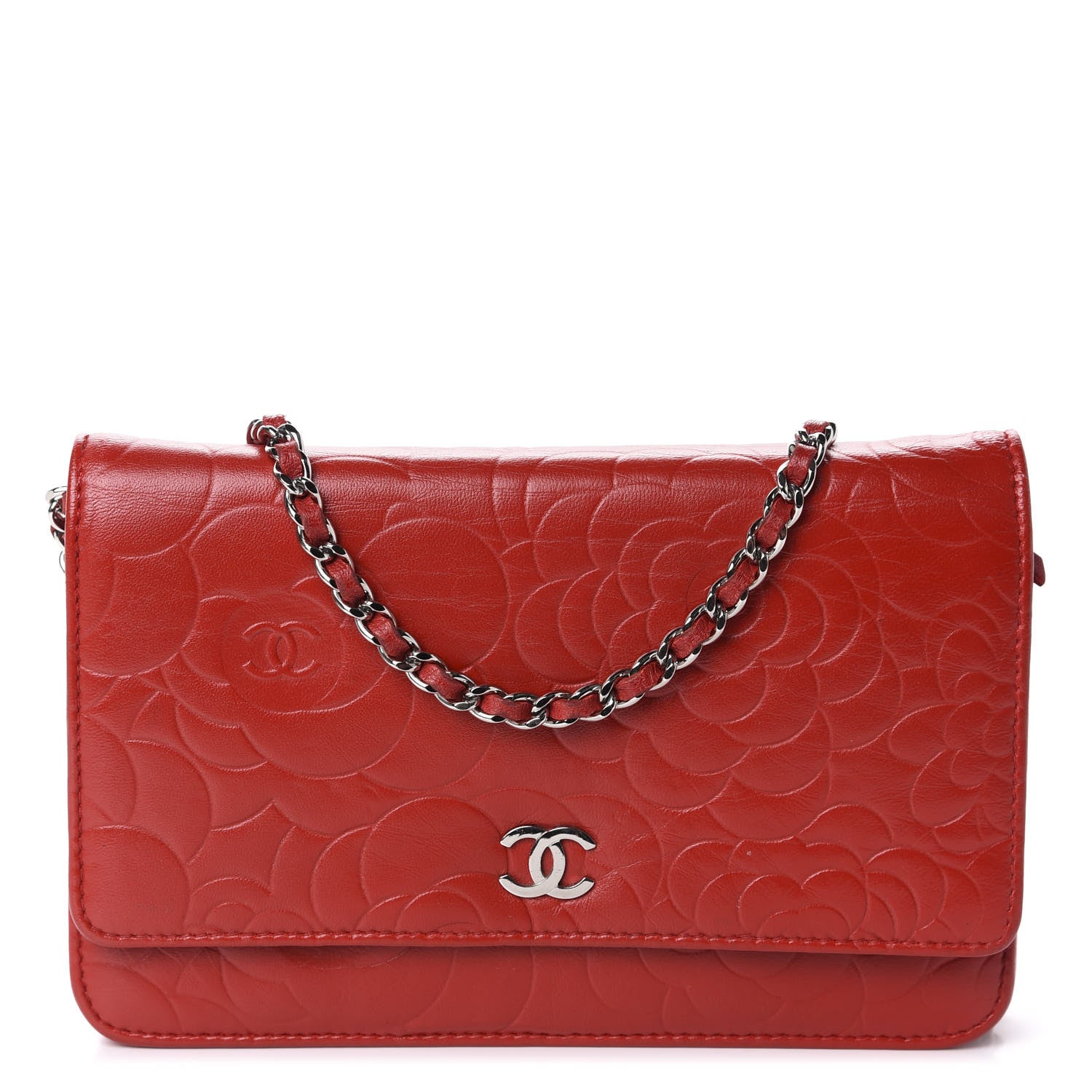 Chanel Lambskin Camellia Embossed Wallet On Chain WOC Red 1 of 14