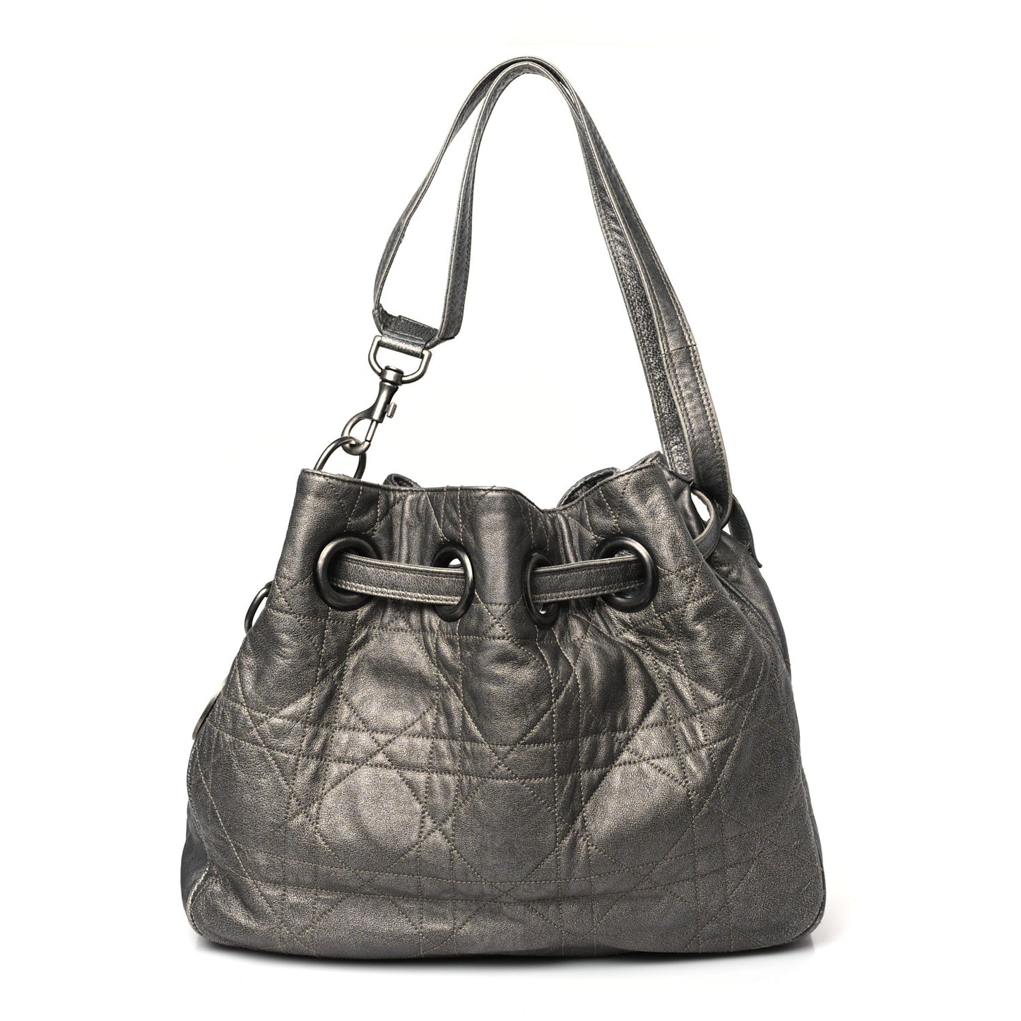 Metallic Lambskin Cannage Drawstring Bag Grey
