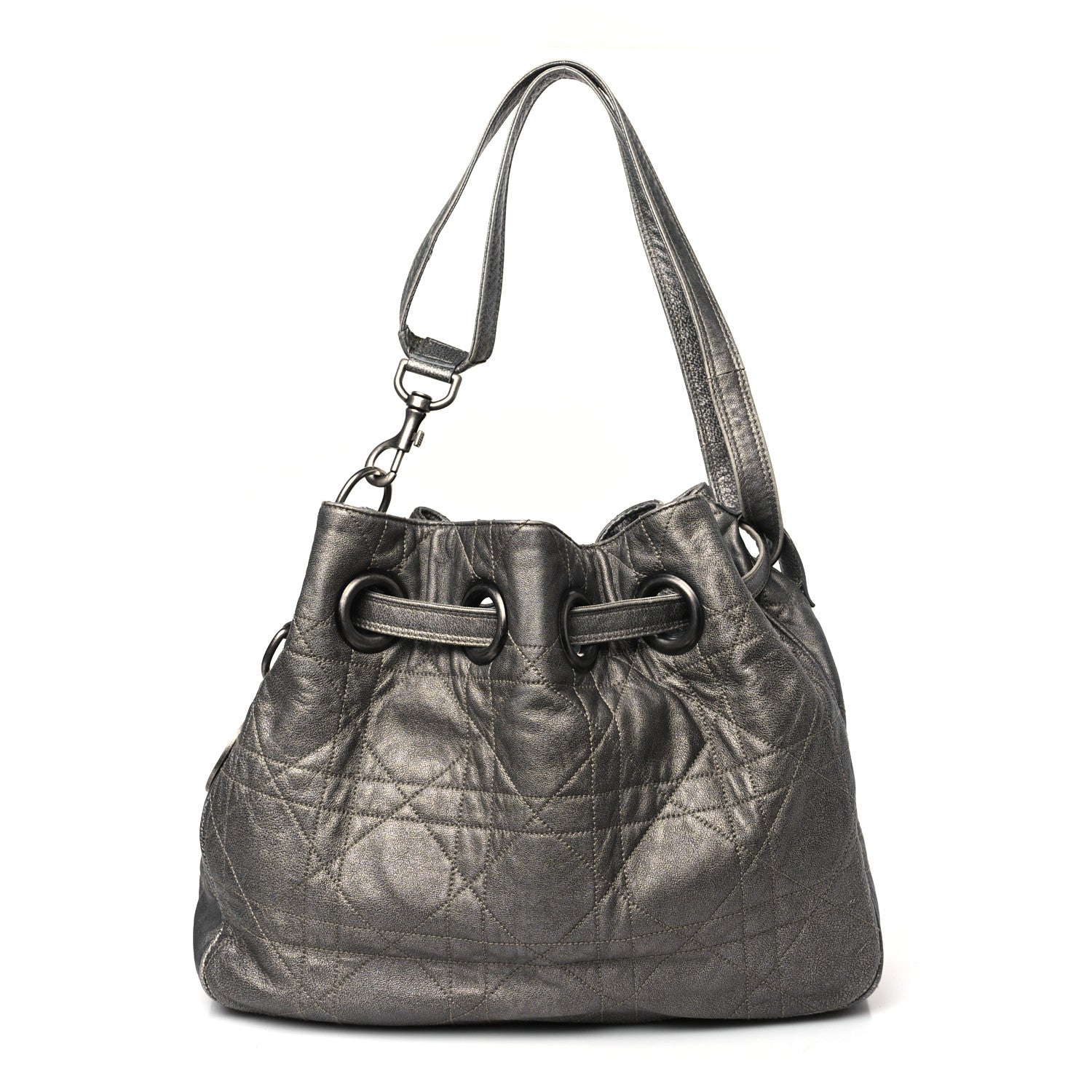 Christian Dior Metallic Lambskin Cannage Drawstring Bag Grey 1 of 10