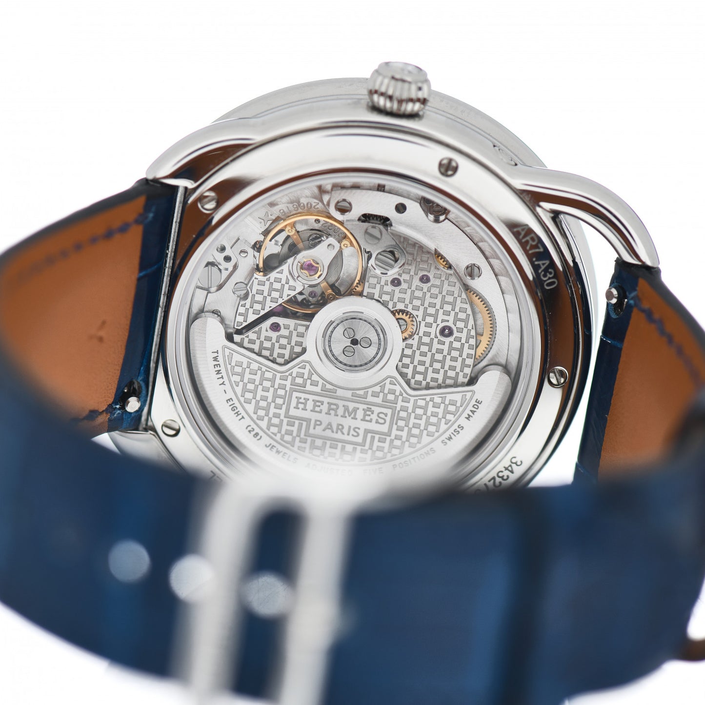 Stainless Steel Alligator Diamond Blue Sapphire Mother of Pearl 38mm Arceau Petite Lune Automatic Watch Bleu Saphir