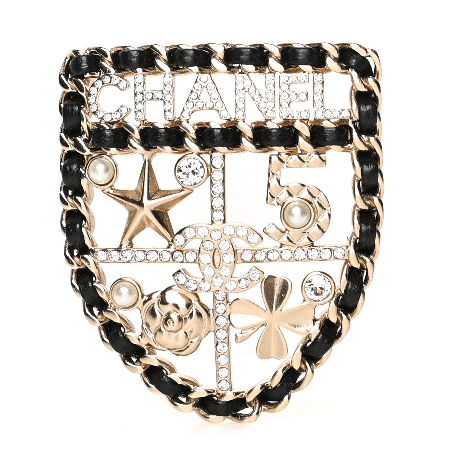 Chanel Lambskin Pearl Strass Sergeant Chanel Shield Brooch Gold 1 of 4
