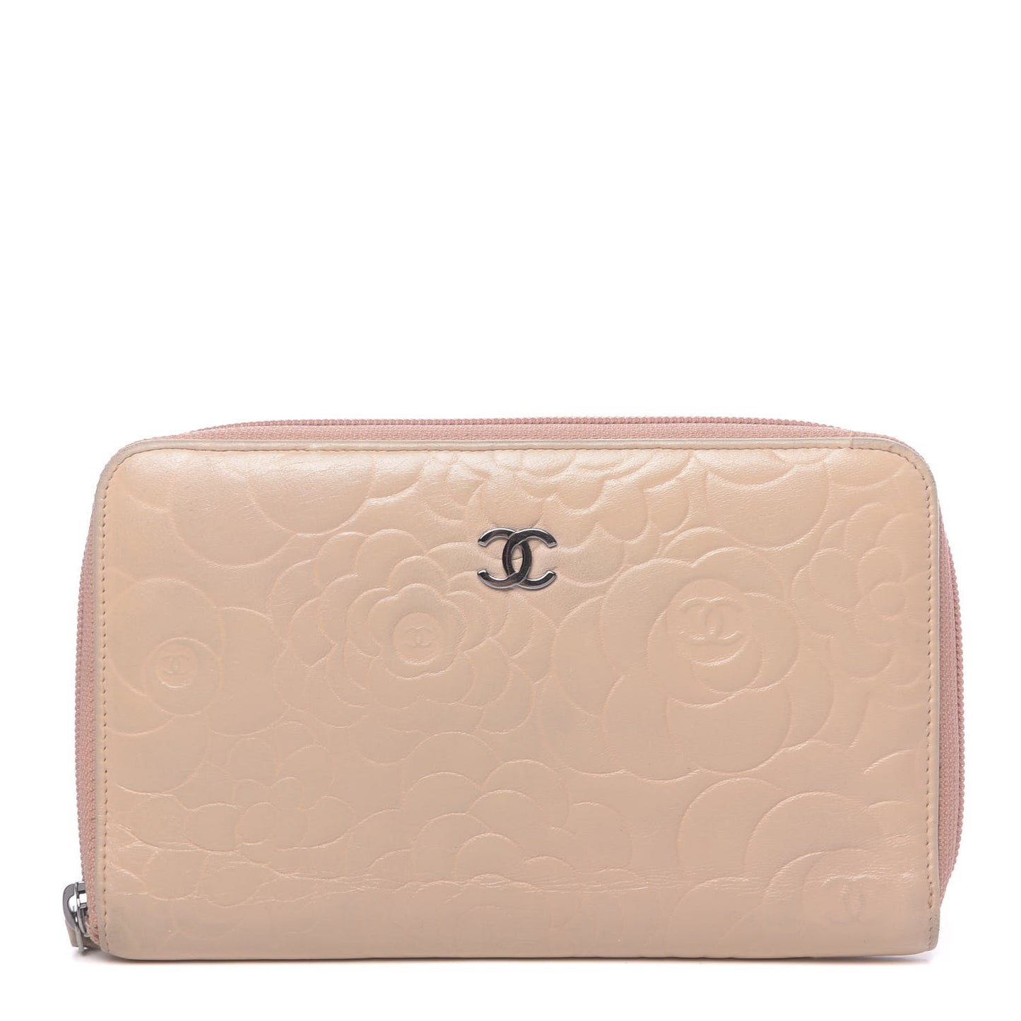 Lambskin Camellia Embossed Zip Around Organizer Wallet Pink