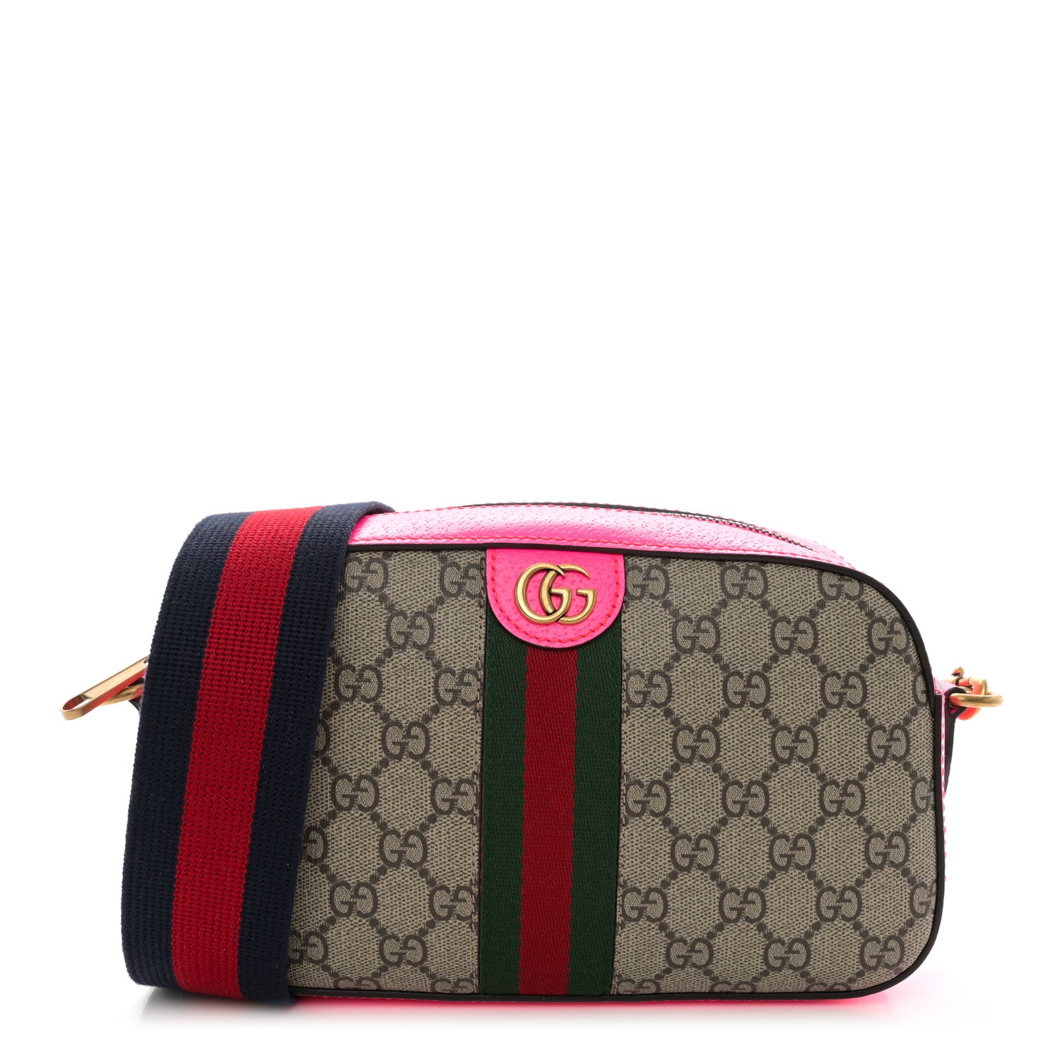 Gucci GG Supreme Monogram Textured Dollar Calfskin Web Ophidia Small Crossbody Bag Beige Ebony Fuchsia 1 of 10