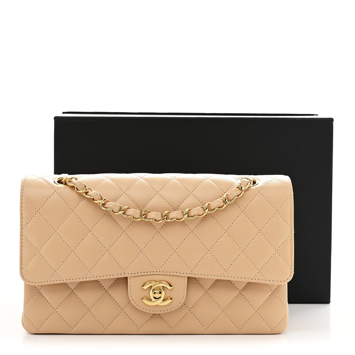 Caviar Quilted Medium Double Flap Beige