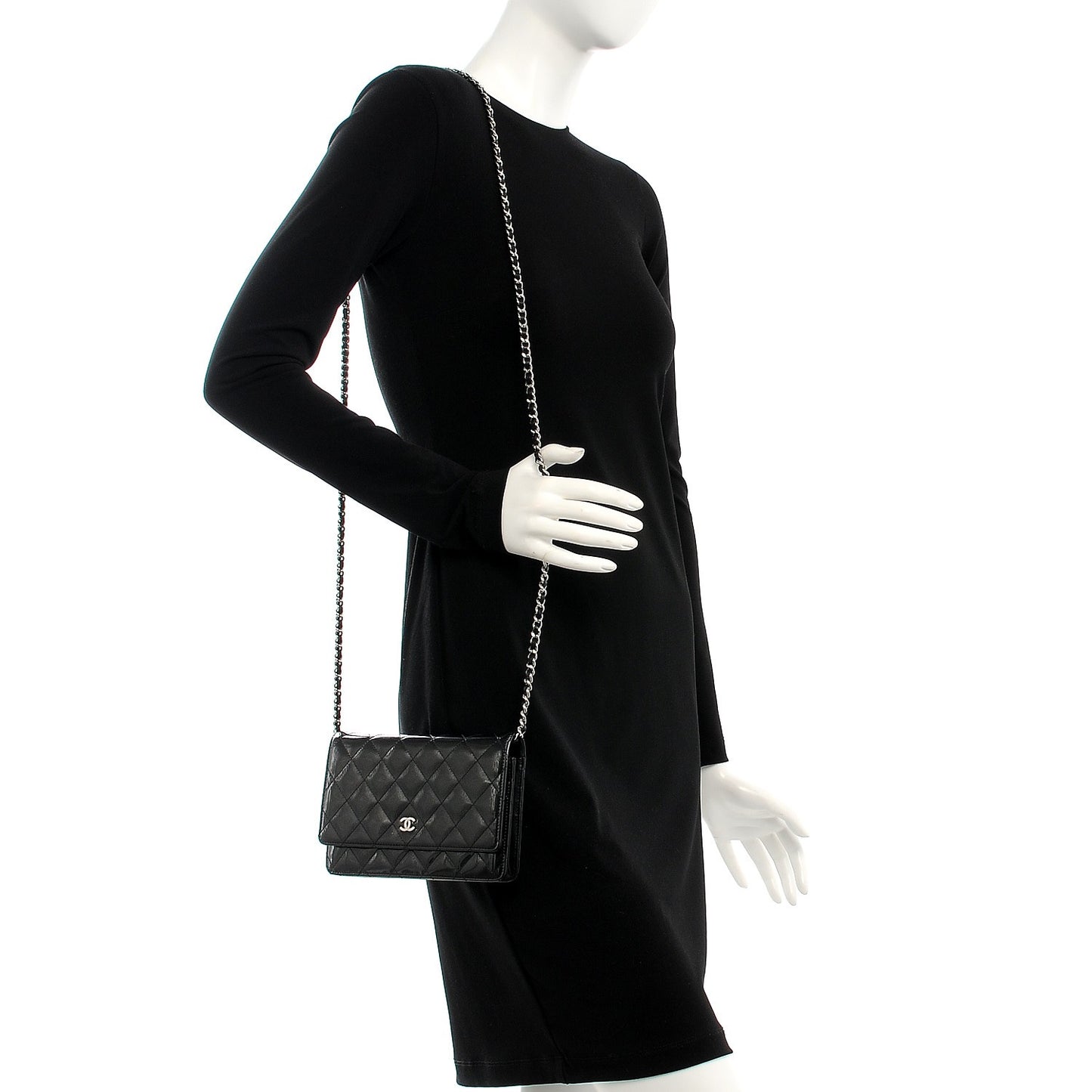 Striated Patent Quilted Wallet on Chain WOC Black
