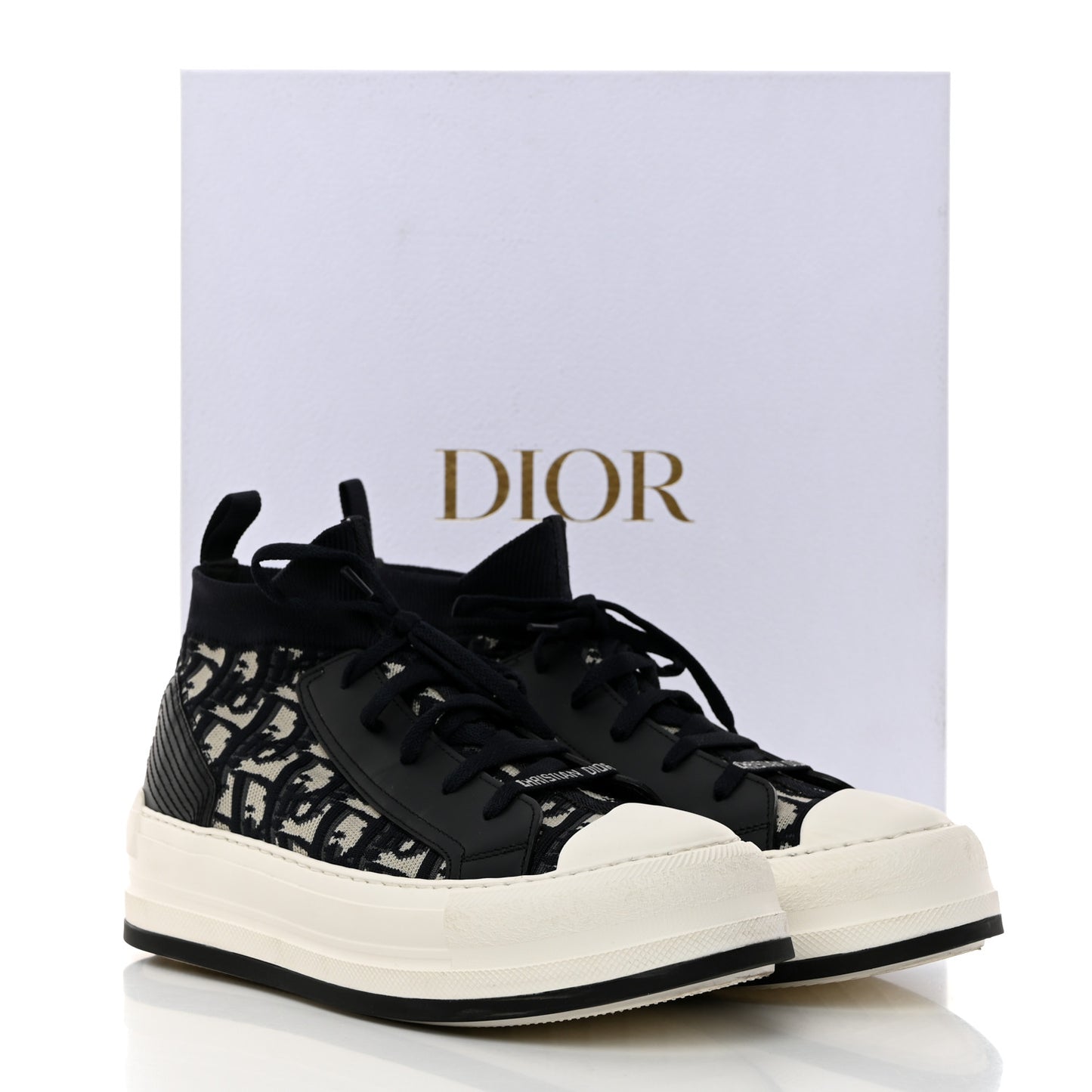 Technical Knit Calfskin Oblique Womens Walk'n Dior Mid Top Sneakers 38 Deep Blue