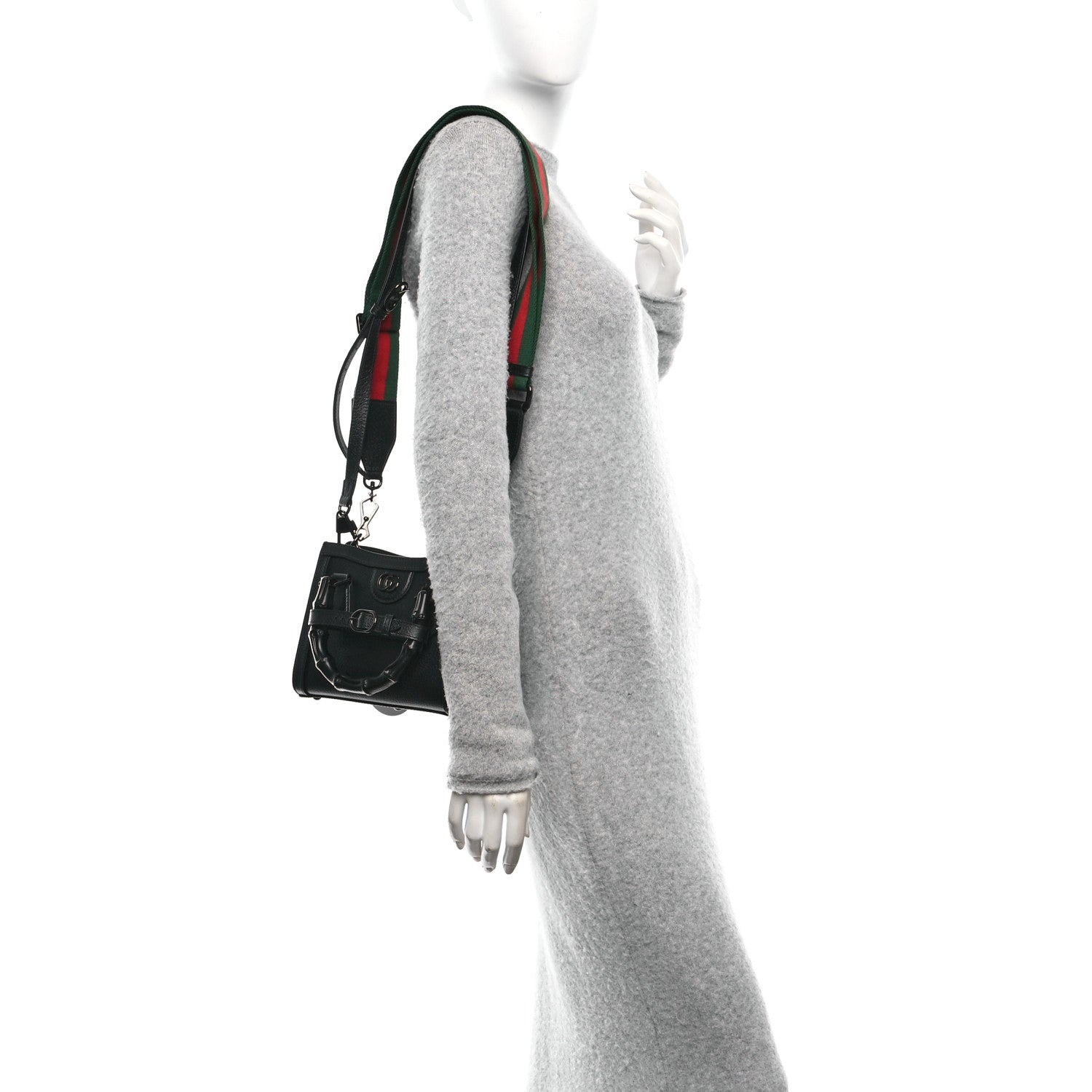 Gucci Textured Dollar Calfskin Web Monochrome Mini Diana Tote Bag Black 2 of 11