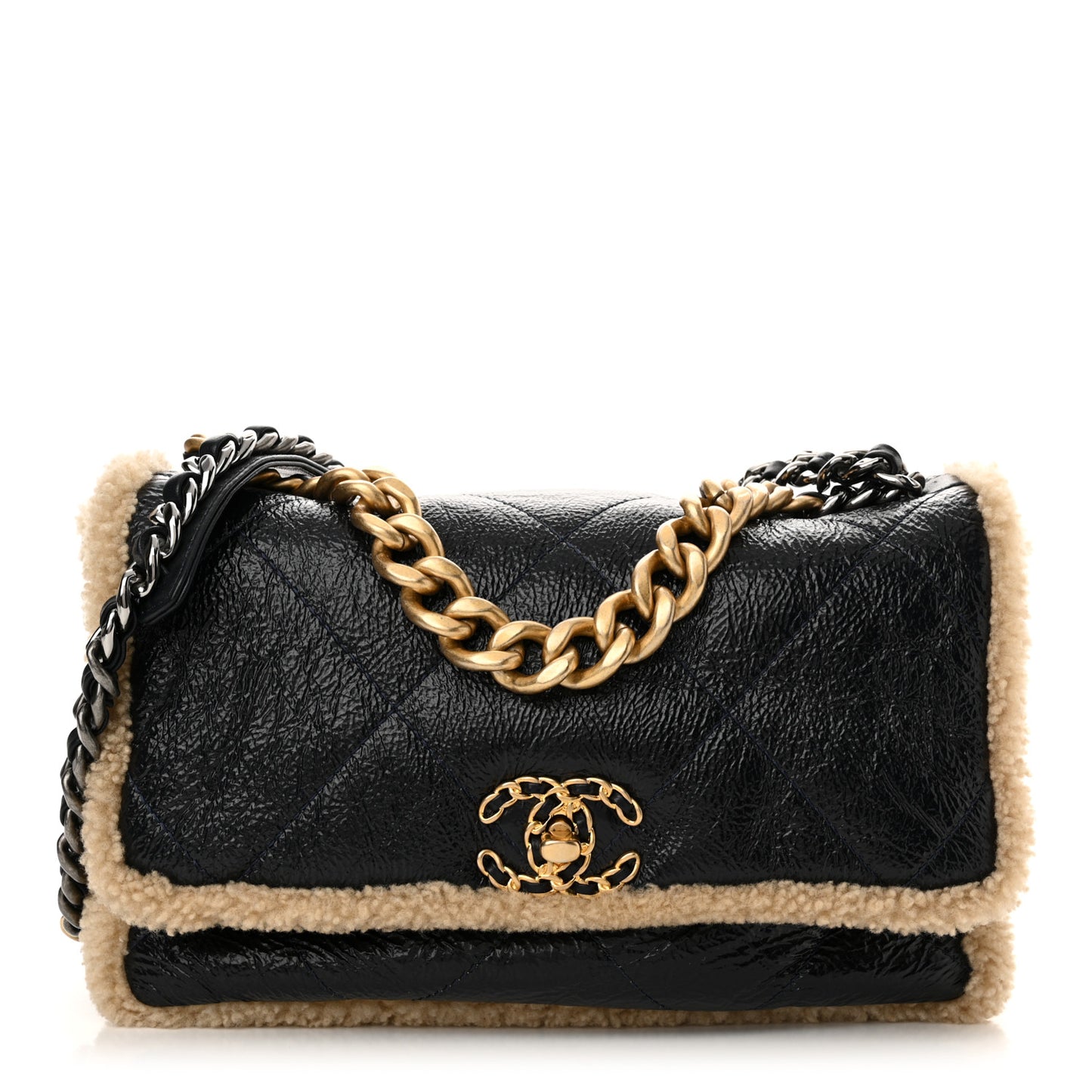 Crumpled Calfskin Shearling Sheepskin Quilted Large Chanel 19 Flap Navy