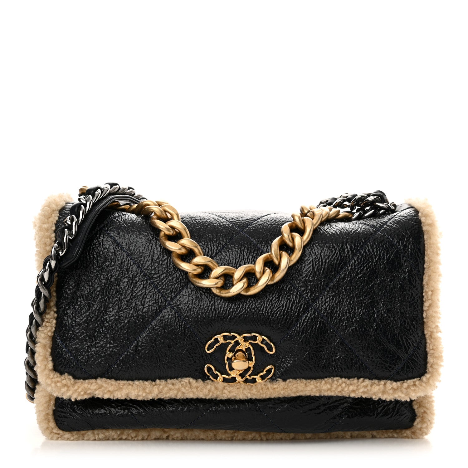 Chanel Crumpled Calfskin Shearling Sheepskin Quilted Large Chanel 19 Flap Navy 1 of 10