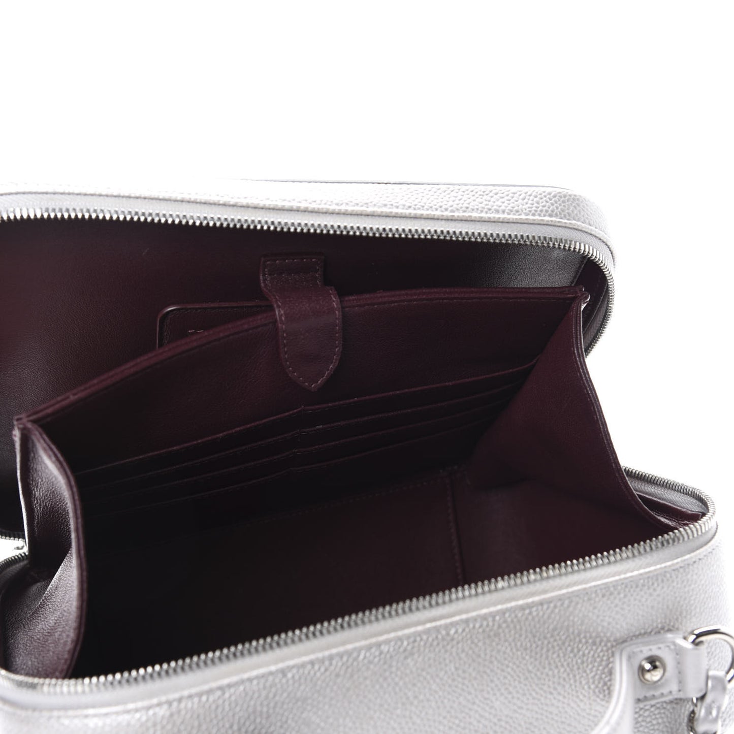 Metallic Caviar Quilted Large CC Filigree Vanity Case Silver