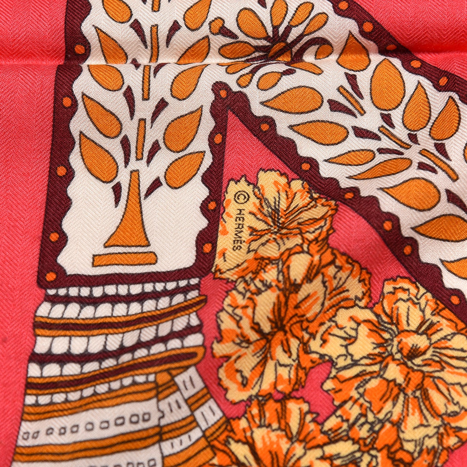 Hermes Cashmere Silk La Danse Du Cheval Shawl 140 Rose Vif Orange Fuchsia 4 of 4