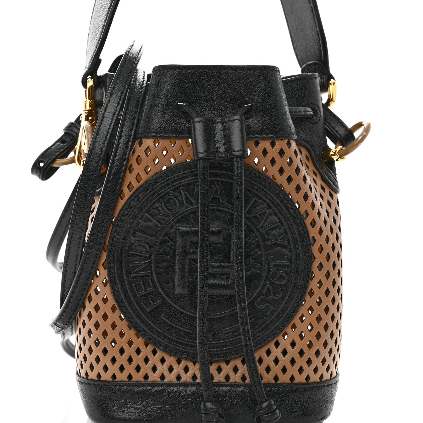 Vitello Liberty Glossy Lambskin F is Fendi Perforated Mini Mon Tresor Bucket Bag Sand Mimosa Black