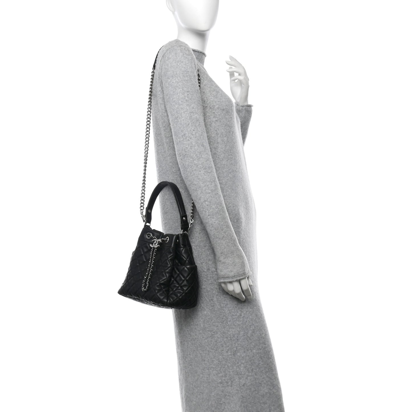 Lambskin Quilted CC Chain Bucket Bag Black Black