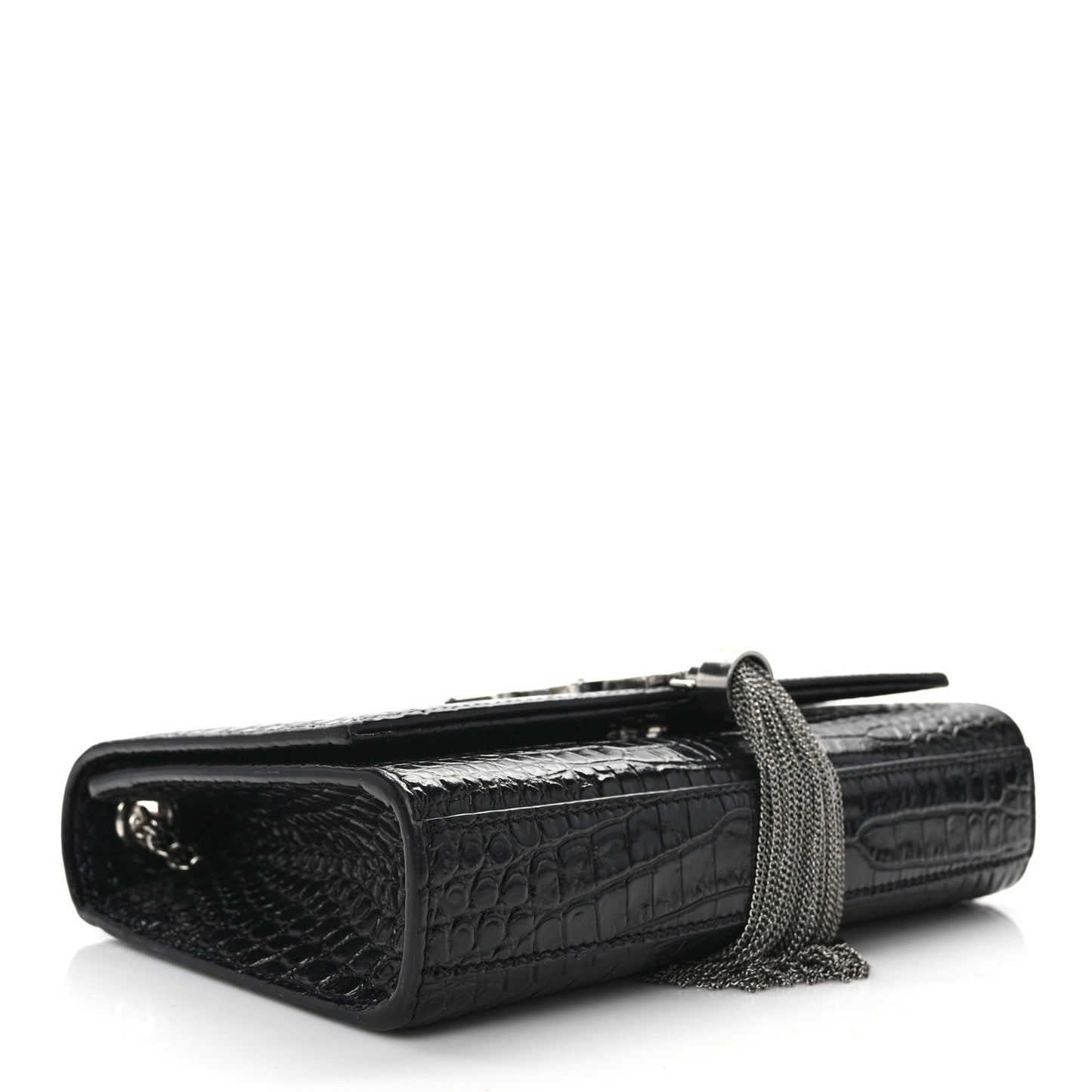 SAINT LAURENT Calfskin Crocodile Embossed Small Classic Monogram Kate Tassel Satchel Black