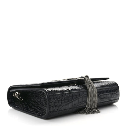 Saint Laurent SAINT LAURENT Calfskin Crocodile Embossed Small Classic Monogram Kate Tassel Satchel Black 4 of 12