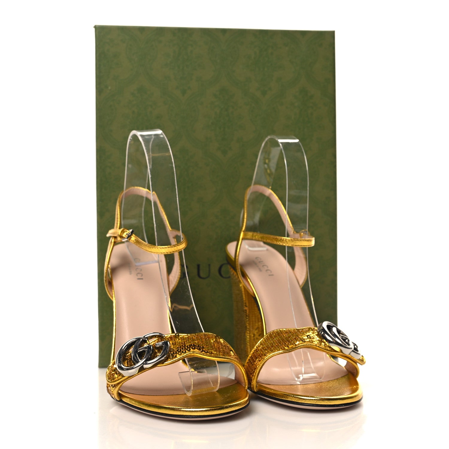Gucci Sequin Satin Malaga Kid GG Marmont Ankle Wrap 75mm Sandals 37.5 Gold Yellow 8 of 8