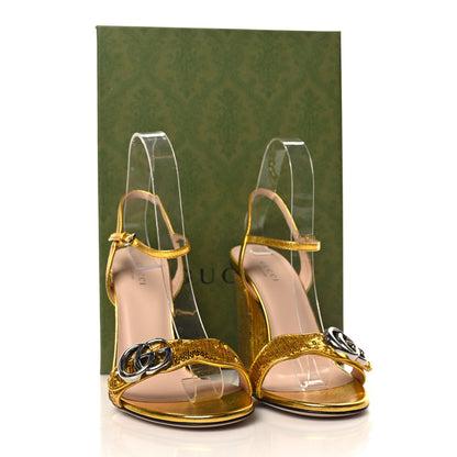 Gucci Sequin Satin Malaga Kid GG Marmont Ankle Wrap 75mm Sandals 37.5 Gold Yellow 8 of 8
