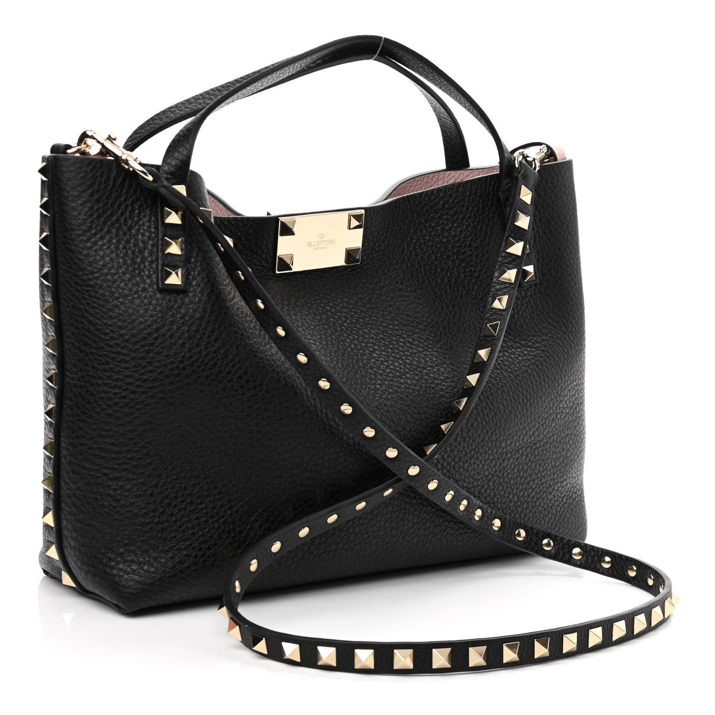 Grained Calfskin Small Rockstud Flip Lock Tote Black Rose Quartz