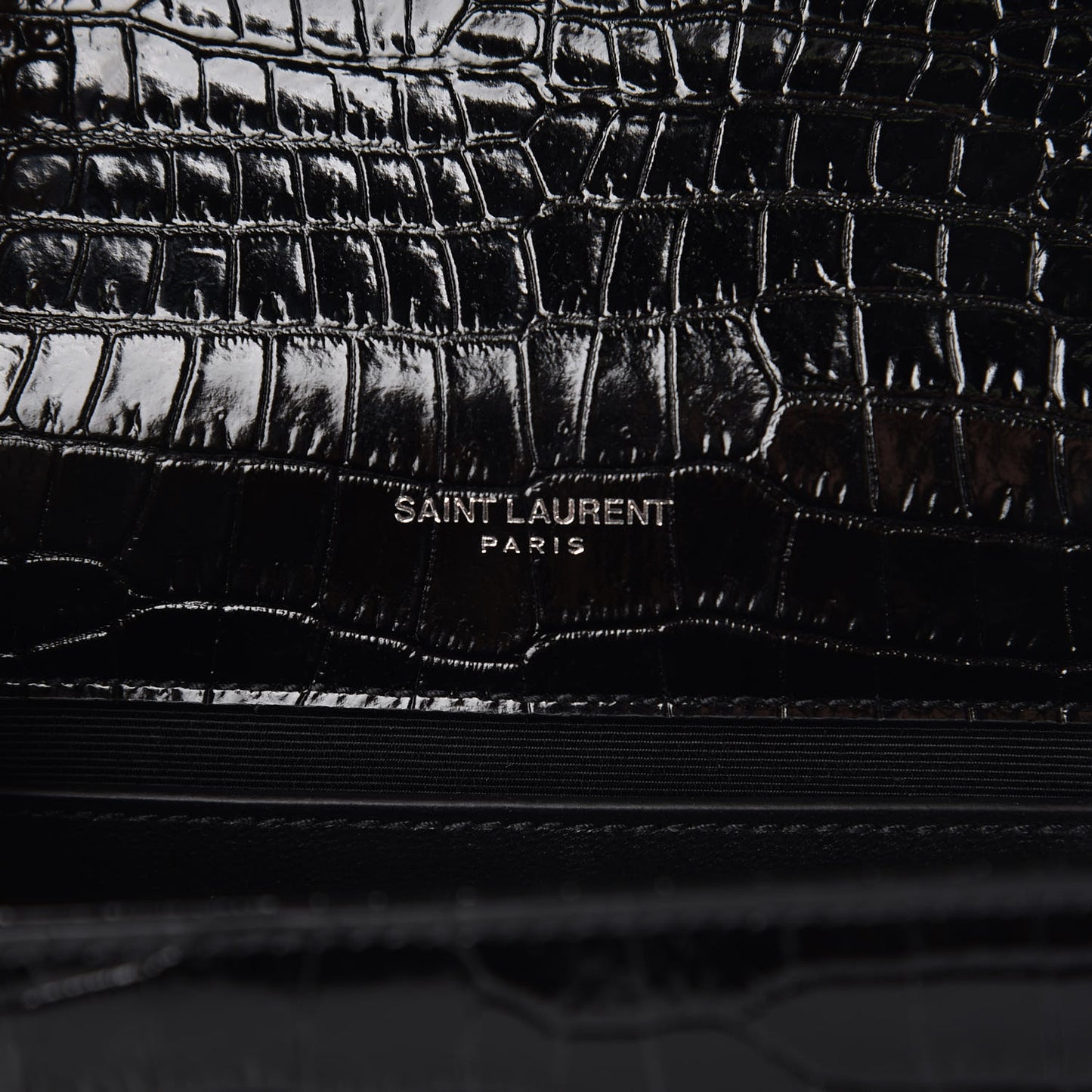 Calfskin Crocodile Embossed Small Classic Monogram Kate Tassel Satchel Black