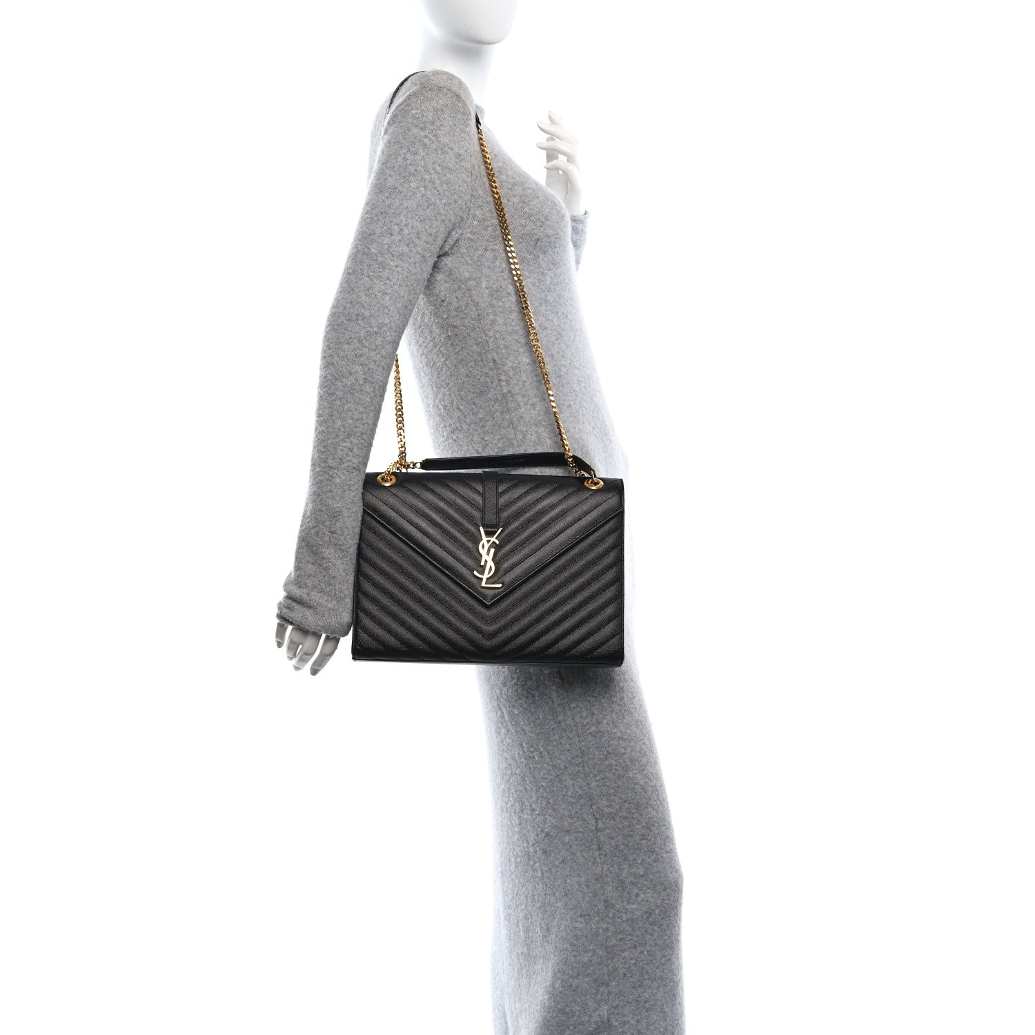 Saint Laurent Grain De Poudre Matelasse Chevron Large Monogram Satchel Black 2 of 10