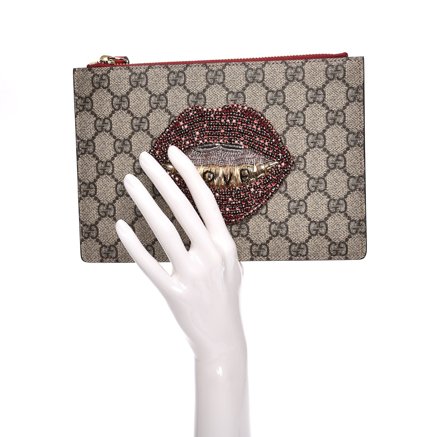 GG Supreme Monogram Merveilles Lips Zip Pouch Hibiscus Red