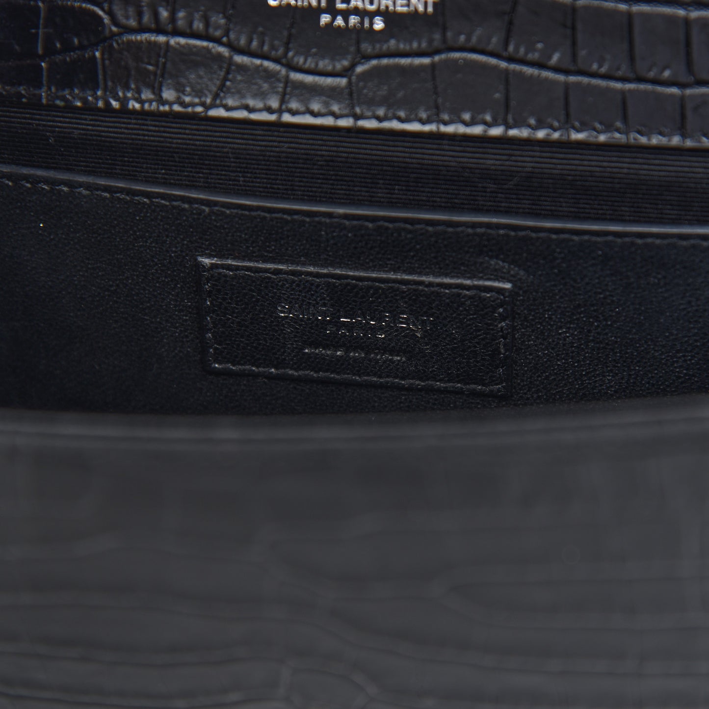 Calfskin Crocodile Embossed Medium Classic Monogram Kate Tassel Satchel Black