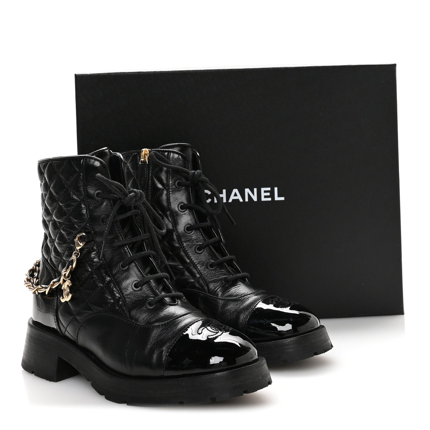 Shiny Calfskin Patent Quilted Chain Lace Up Combat Boots 40.5 Black