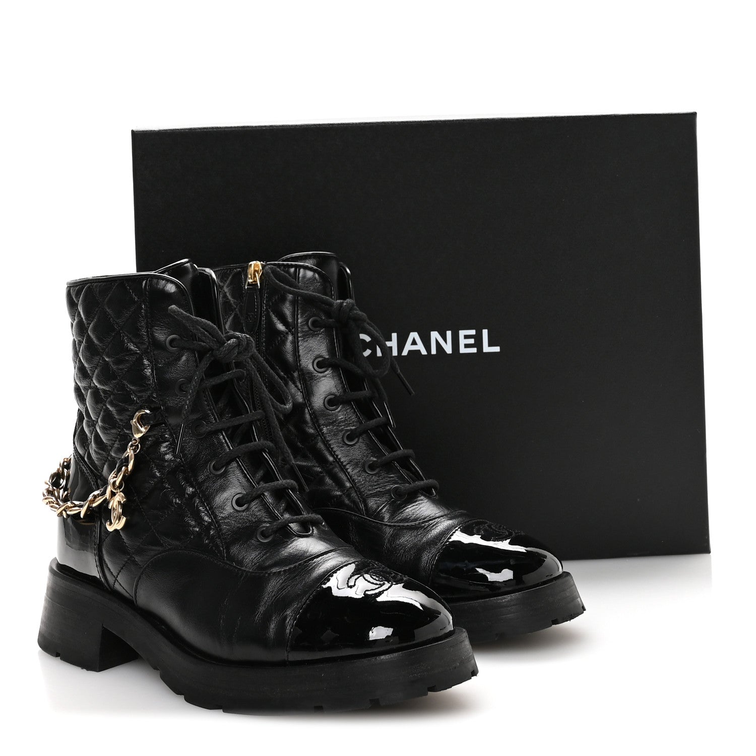 Chanel Shiny Calfskin Patent Quilted Chain Lace Up Combat Boots 40.5 Black 9 of 9