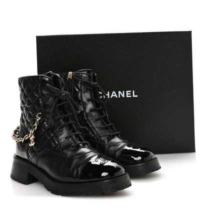 Chanel Shiny Calfskin Patent Quilted Chain Lace Up Combat Boots 40.5 Black 9 of 9