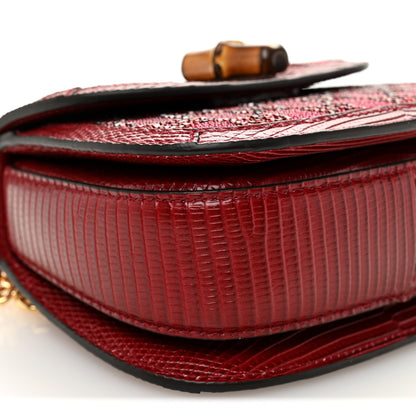 Gucci Moire Fabric Calfskin Rhinestone Monogram Monochrome Lizard Embossed Mini Bamboo 1947 Top Handle Chain Bag Red 9 of 10