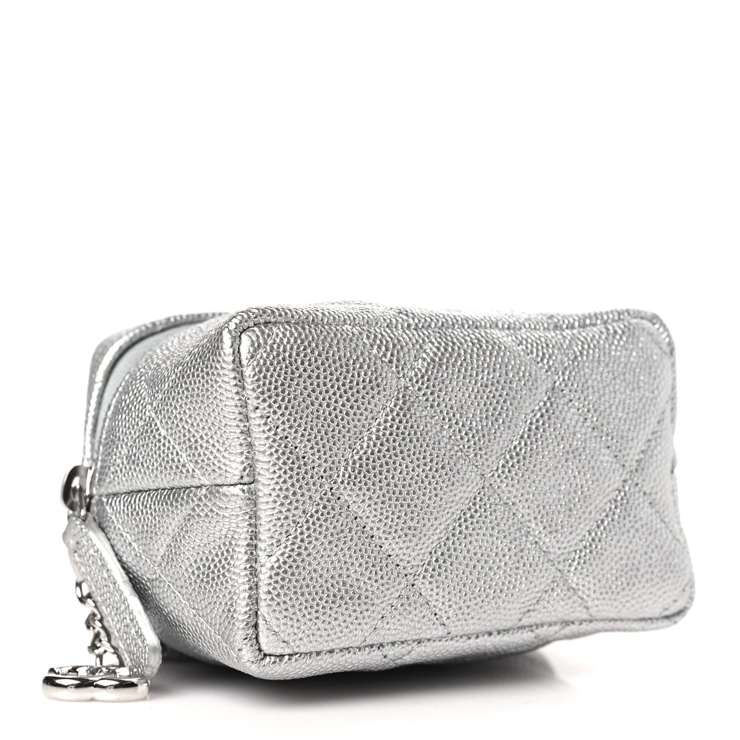 Metallic Caviar Quilted Mini Top Handle Vanity With Chain Silver