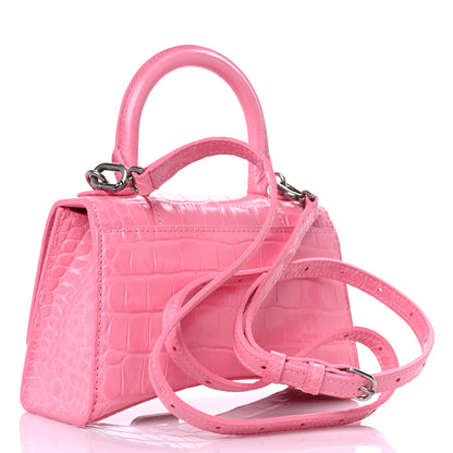 Balenciaga Shiny Calfskin Crocodile Embossed Hourglass Top Handle Bag XS Sweet Pink 3 of 10