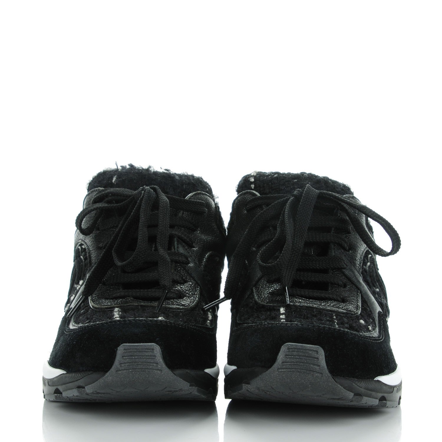 Chanel Tweed Suede Goatskin CC Sneakers 35.5 Black White 2 of 8