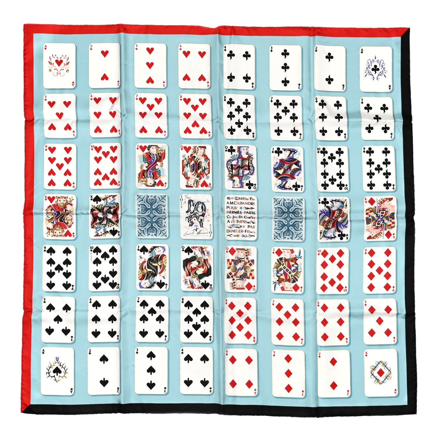 Hermes Silk Jeu de Cartes Scarf 90 Bleu Glacier Rouge Black 1 of 5