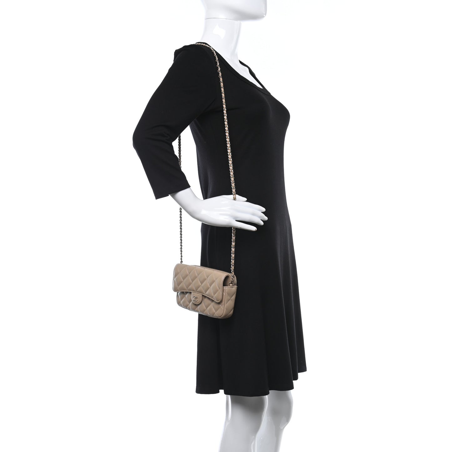 Iridescent Caviar Quilted Flap Phone Holder With Chain Beige
