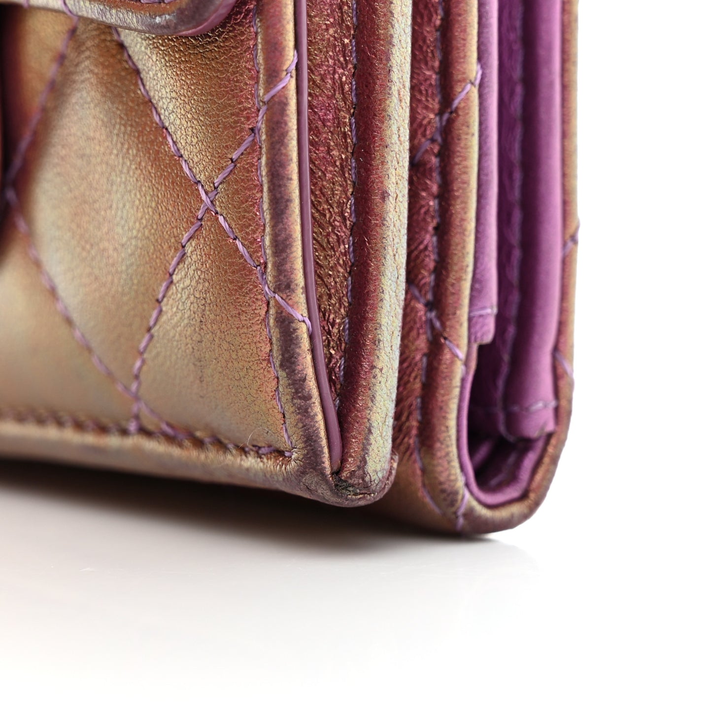 Iridescent Lambskin Quilted Double Flap Wallet Purple