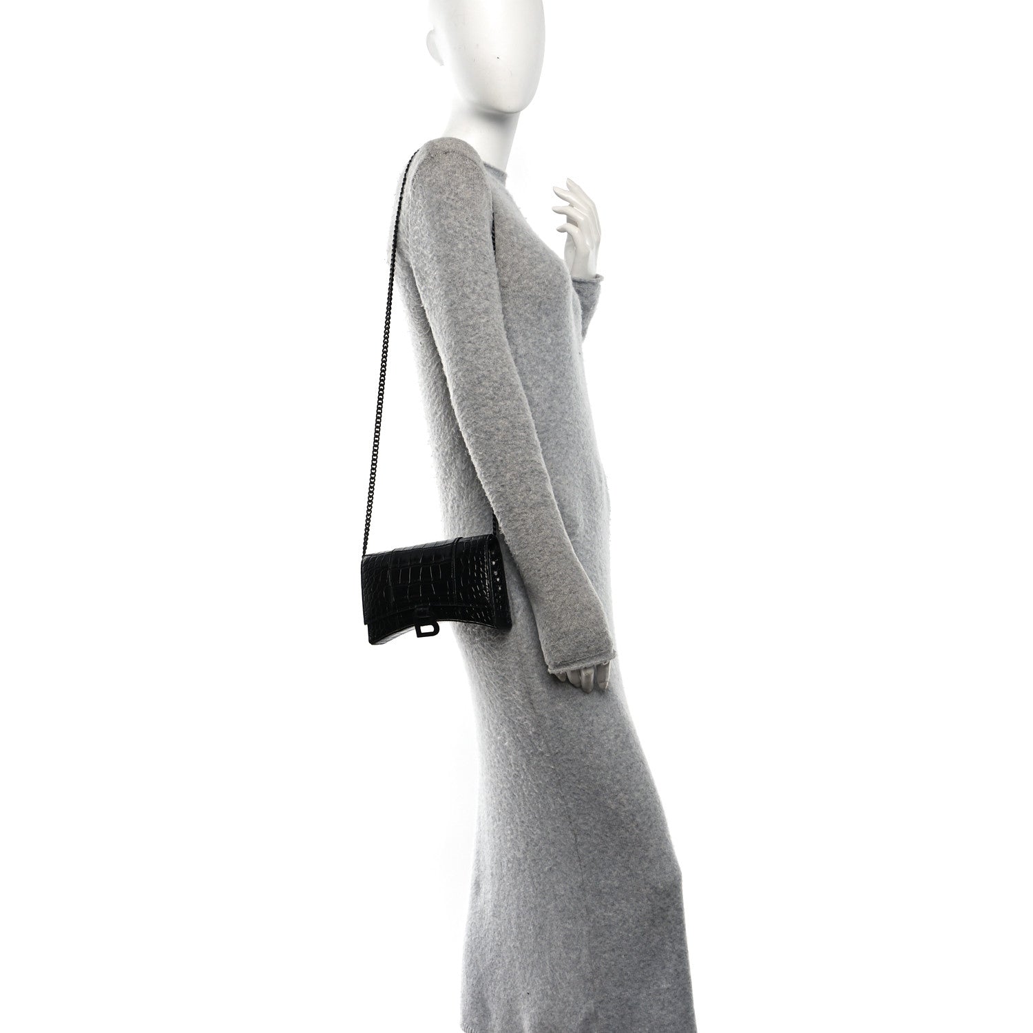 Balenciaga Shiny Calfskin Monochrome Crocodile Embossed Hourglass Chain Bag Black 2 of 10