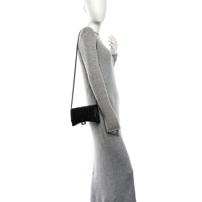 Balenciaga Shiny Calfskin Monochrome Crocodile Embossed Hourglass Chain Bag Black 2 of 10