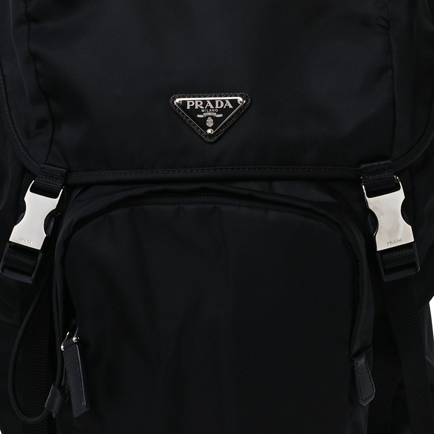 Re-Nylon Saffiano Logo Double Buckle Backpack Black