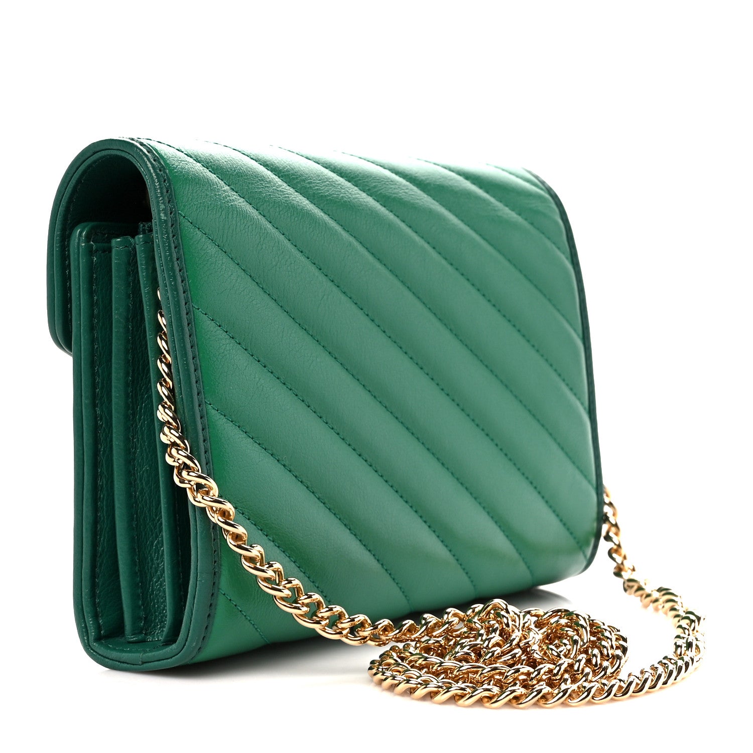 Gucci Azalea Calfskin Enamel Matelasse Diagonal Torchon GG Marmont Chain Wallet New Shamrock Emerald 3 of 11