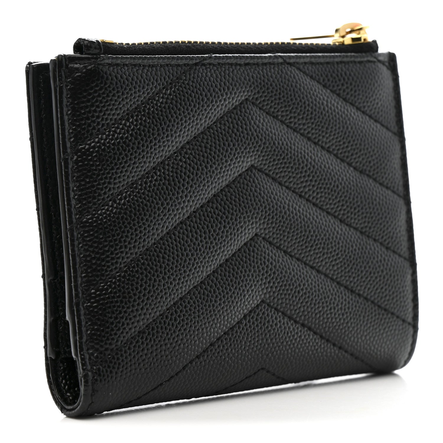 Saint Laurent Grain De Poudre Matelasse Chevron Monogram Zipped Card Case Black 3 of 7
