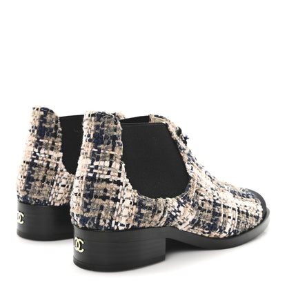 Chanel Tweed Calfskin Pearl Combat Short Boots 36 Beige Pink Black 5 of 10