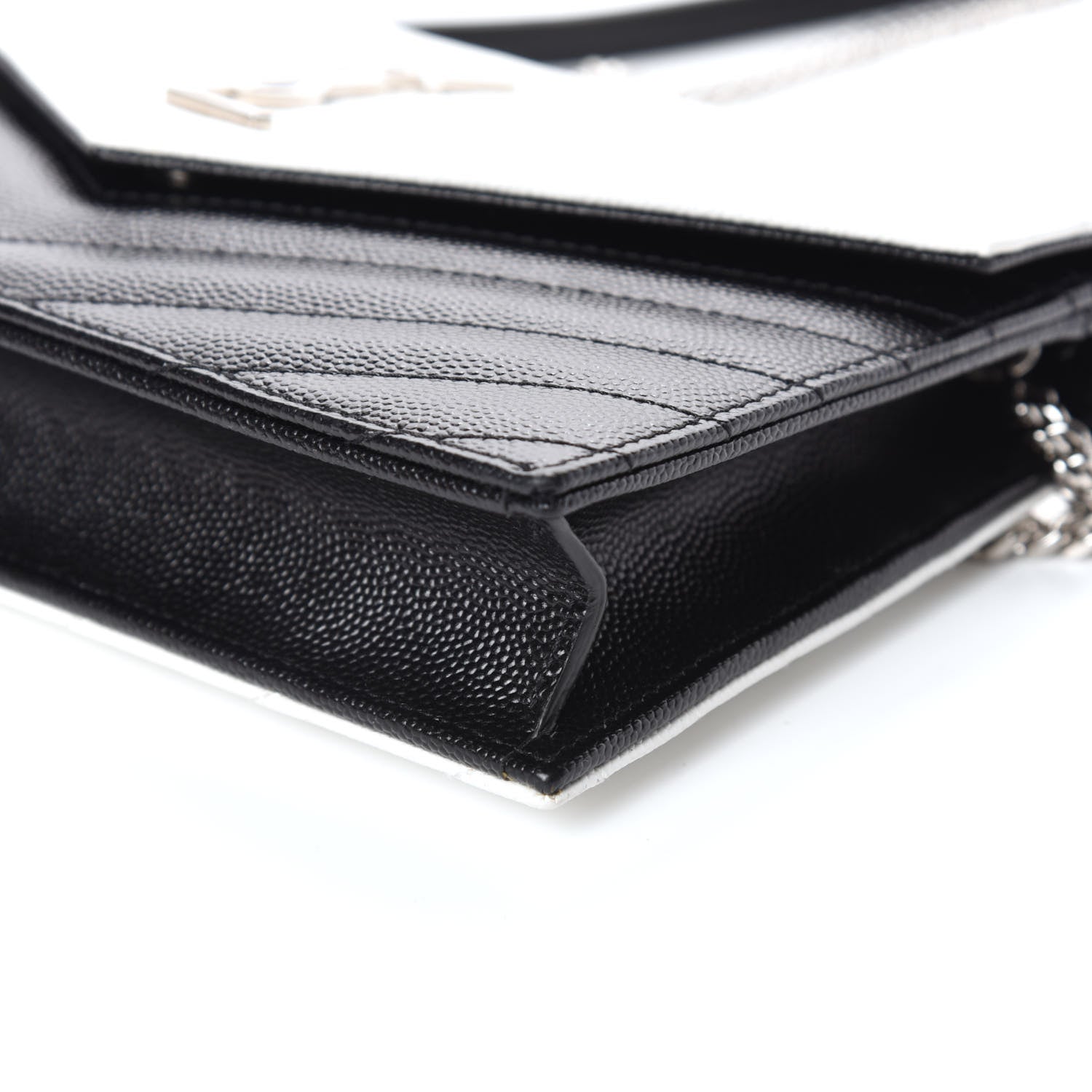 Saint Laurent Grain De Poudre Matelasse Chevron Monogram Envelope Chain Wallet Pearl White Black 8 of 8