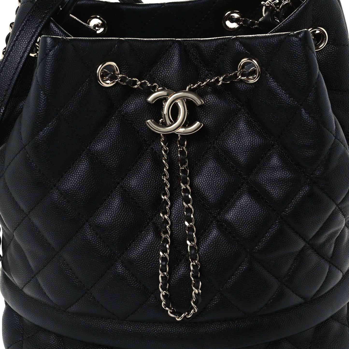 Caviar Quilted Large Rolled Up Bucket Drawstring Bag Black