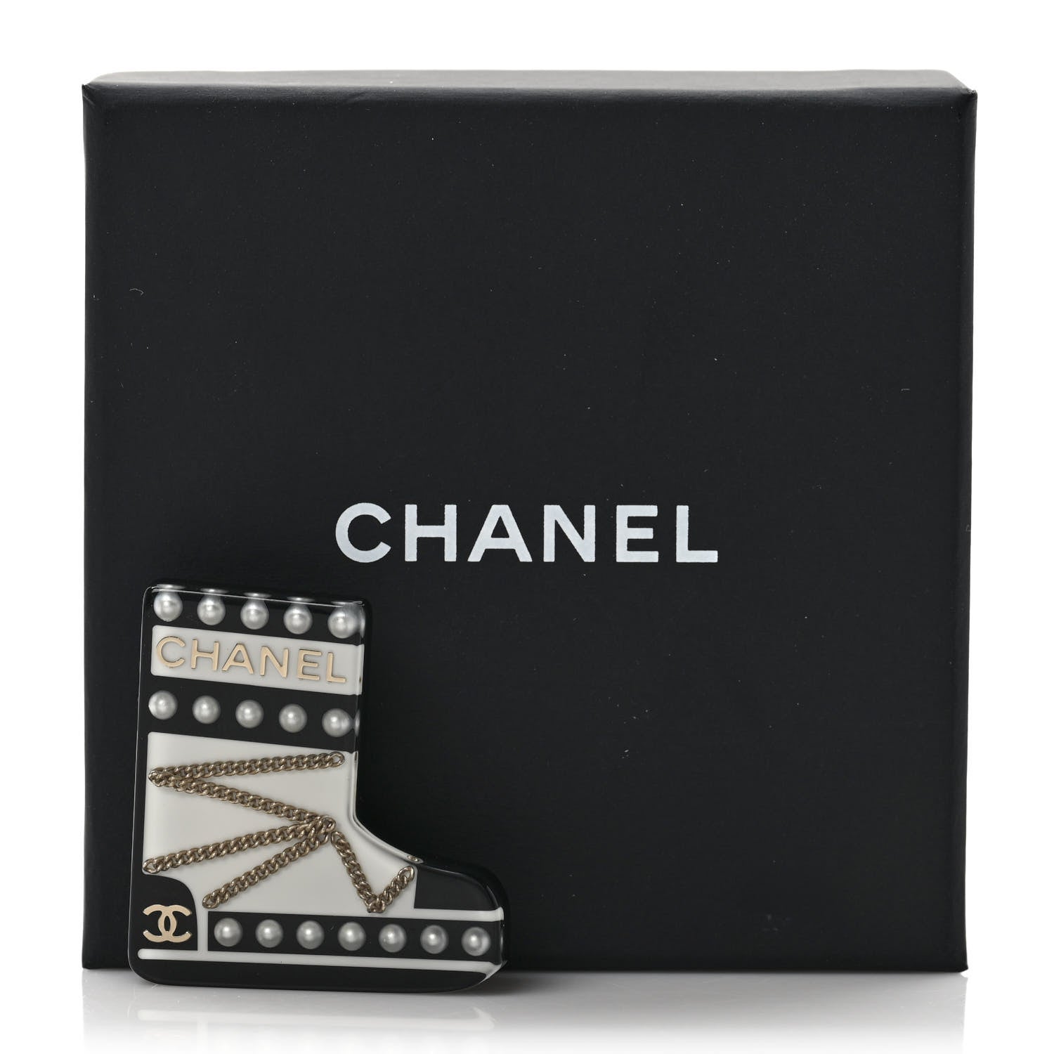 Chanel Pearl Resin CC Boot Brooch Black White Gold 5 of 5