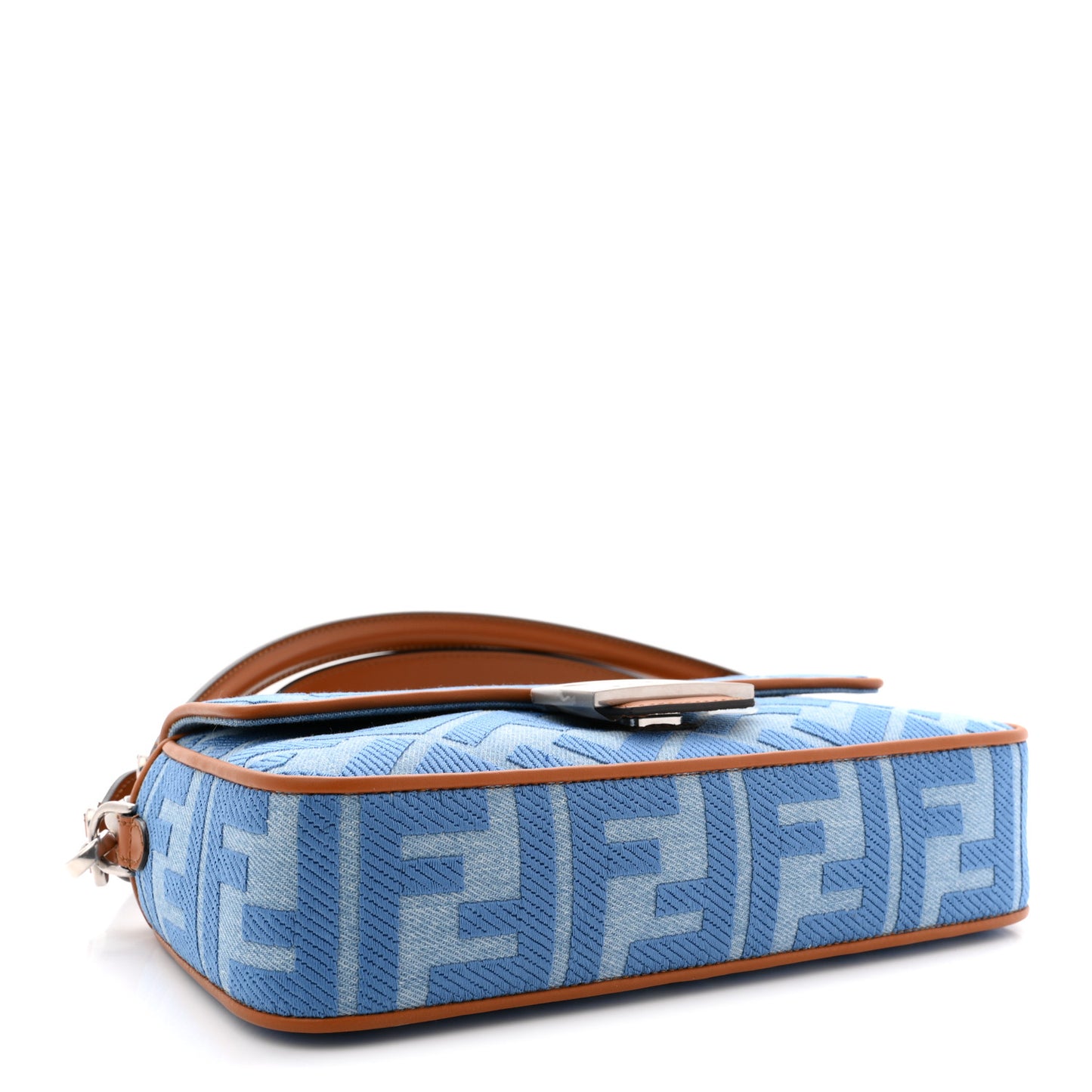 Denim Vitello King FF Embroidered Baguette Denim Chiaro Brandy